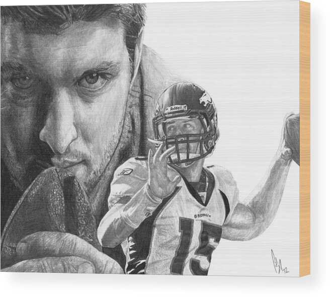 Tim Tebow Wood Print featuring the drawing Tim Tebow by Bobby Shaw