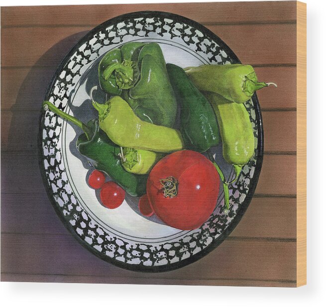 Still Life Painting Wood Print featuring the painting Tomatoes and Peppers by John Dyess