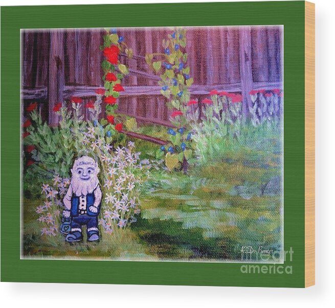 Nature Scene Blue And White Gnome With Watering Can Taking Care Of Flowers Blue Flowers Morning Glories Red Flowers Climbing Roses White Daisies Variegated Green Grass Arbor Gray Brown Wooden Fence Acrylic Painting Wood Print featuring the painting Touched by a Gnome in Grandma's Secret Garden by Kimberlee Baxter