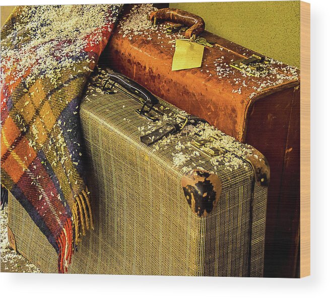 Suitcases Wood Print featuring the photograph Traveling Vintage Bags Blanket and Snow by Julie Palencia