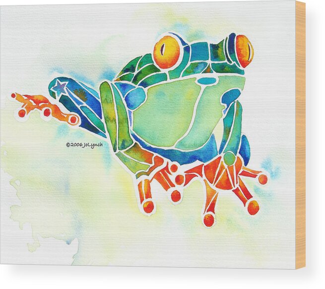 Tree Frog Wood Print featuring the painting Tree Frog in Greens by Jo Lynch
