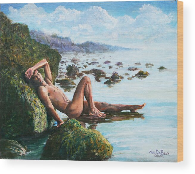 Beach Wood Print featuring the painting Trevor on the Beach by Marc DeBauch
