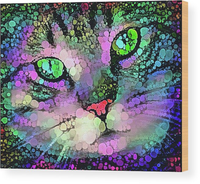 Cat Wood Print featuring the photograph Trippy cat with colorful dots by Matthias Hauser