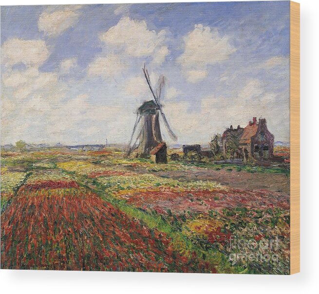 Claude Monet Wood Print featuring the painting Tulip Fields with the Rijnsburg Windmill by Claude Monet
