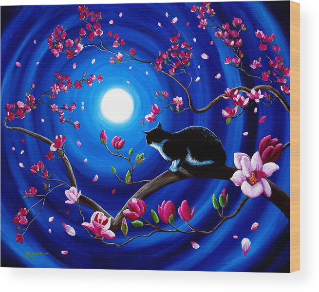 Tuxedo Wood Print featuring the painting Tuxedo Cat in a Japanese Magnolia Tree by Laura Iverson