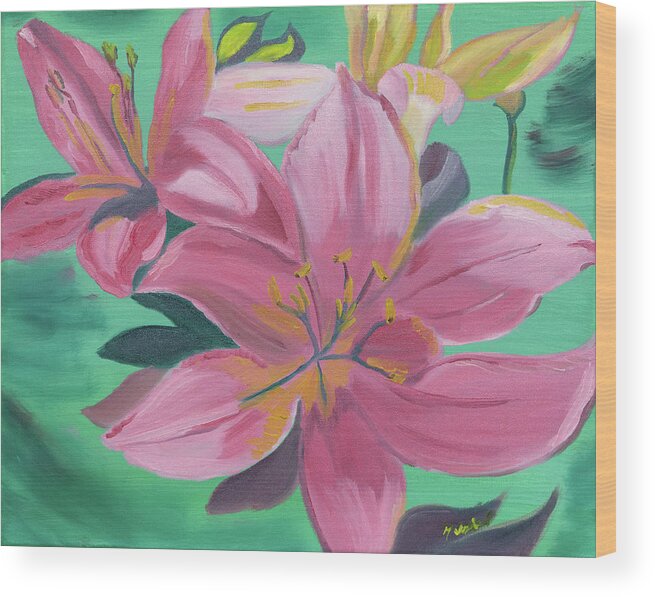 Pink Flowers Wood Print featuring the painting Twinkle Petals by Meryl Goudey