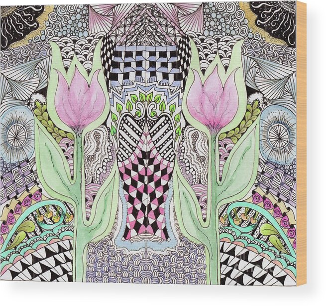 Tulips Flowers Watercolors Pen And Ink Zentangle Designs Wood Print featuring the painting Two Tulips by Ruth Dailey