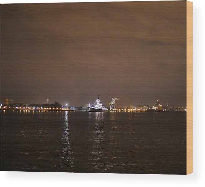 Richard Reeve Wood Print featuring the photograph USS New Jersey at Night by Richard Reeve