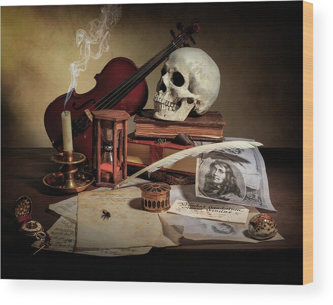 Vanitas Wood Print featuring the photograph Vanitas with Books - Violin - Kalf by Levin Rodriguez