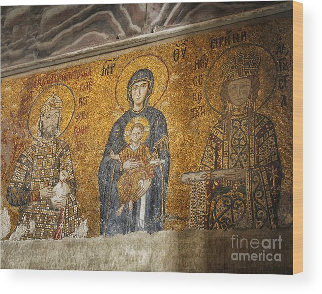 Ancient Wood Print featuring the photograph Very old mosaic of the Virgin Mary and infant Jesus by Patricia Hofmeester