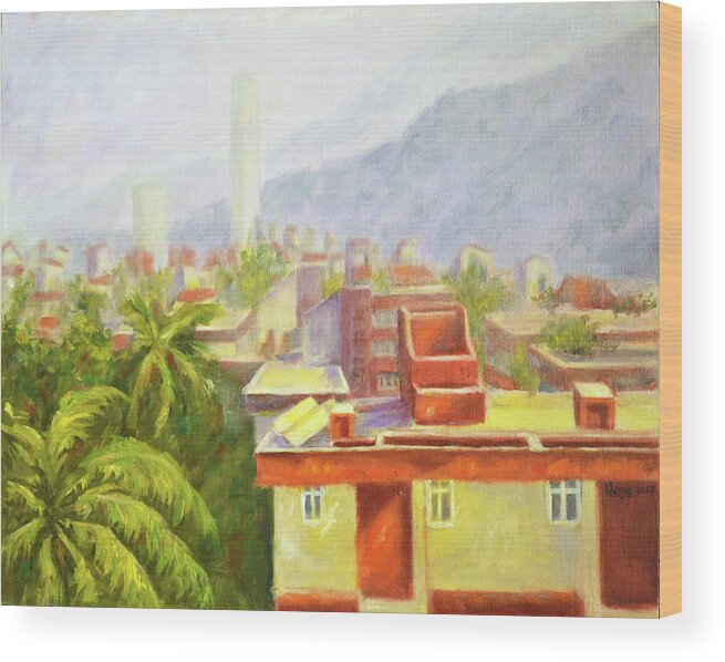 View From Our Balcony Wood Print featuring the painting View from our balcony by Uma Krishnamoorthy