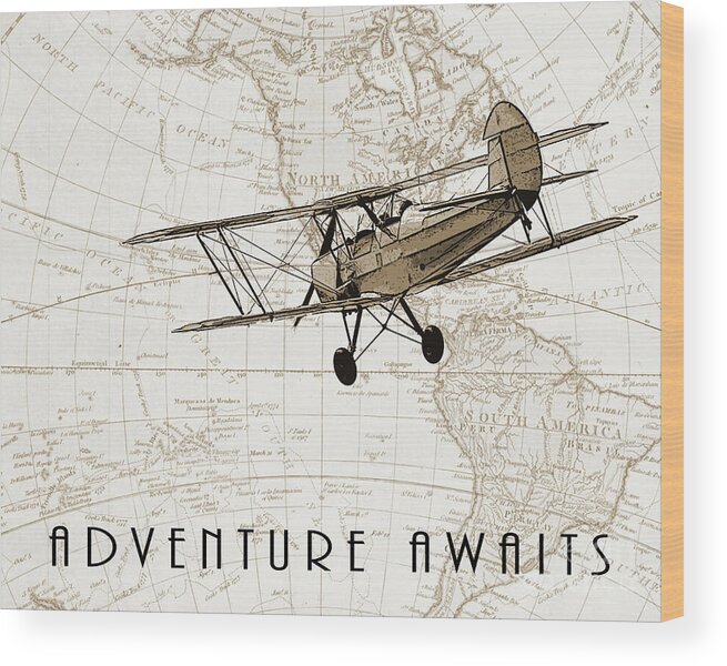 Travel Wood Print featuring the drawing Adventure awaits, vintage airplane by Delphimages Map Creations
