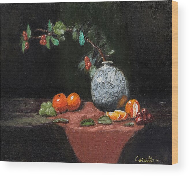Still Life Of Vitality Vase & Fruit In Abundant Color Wood Print featuring the painting VitalityVase by Ruben Carrillo