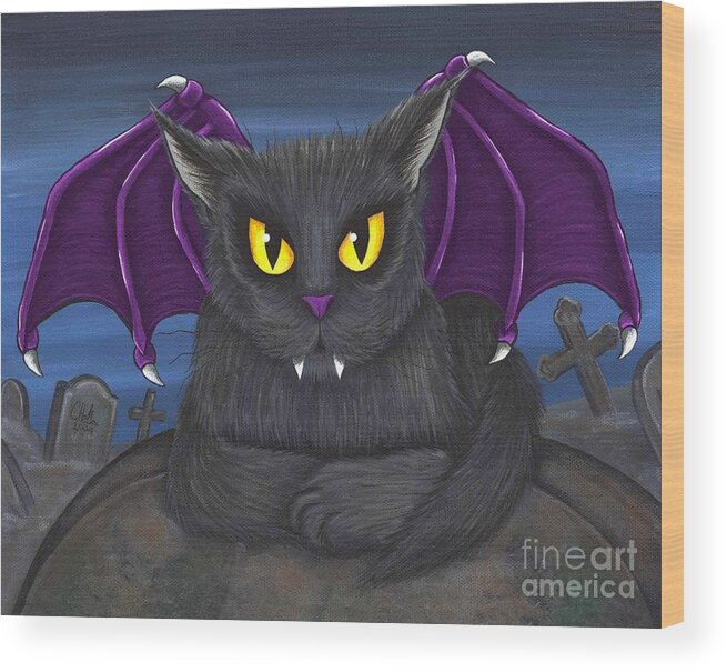 Grey Cat Wood Print featuring the painting Vlad Vampire Cat by Carrie Hawks