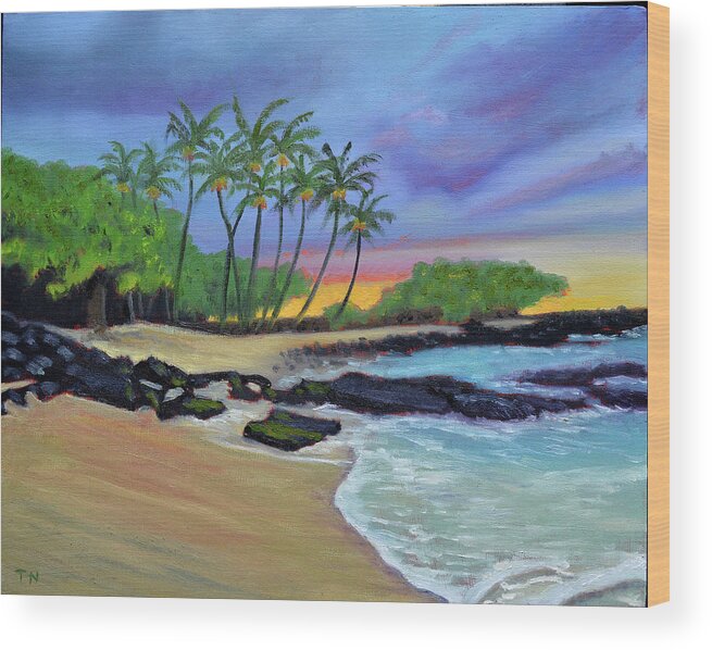 Sunset On Beach Wood Print featuring the painting Waikoloa Sunset by Thu Nguyen