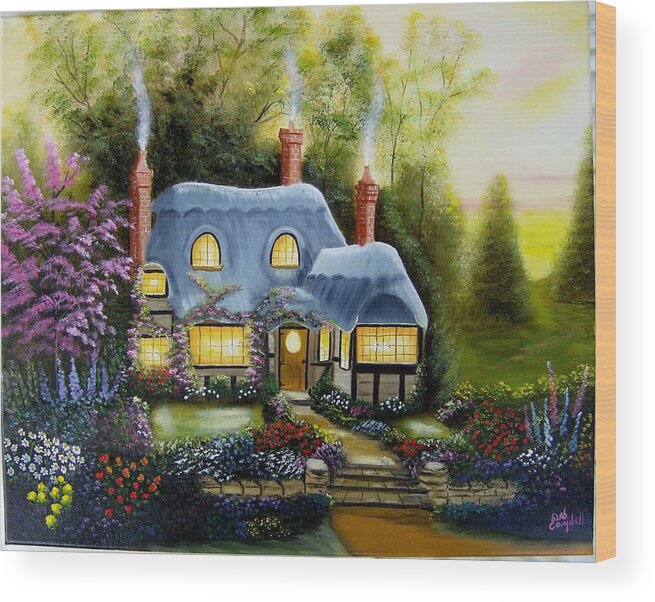 Cottage Wood Print featuring the painting Warm and Cozy Cottage by Debra Campbell