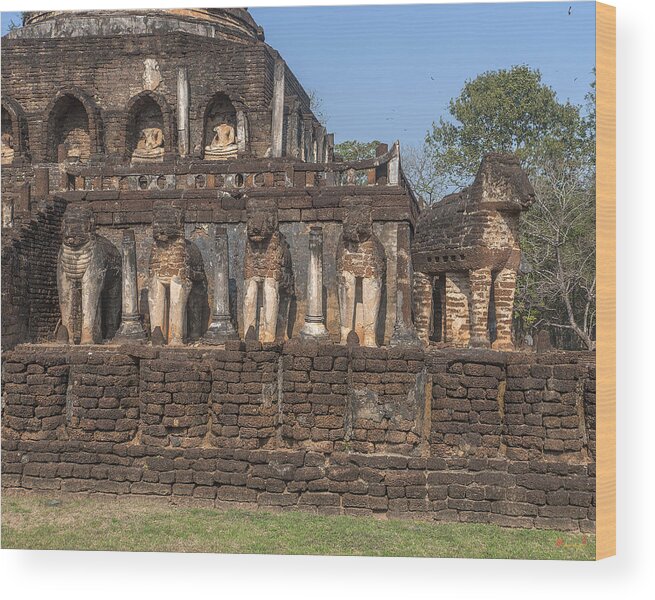Temple Wood Print featuring the photograph Wat Chang Lom Lion Figures on Main Chedi DTHST0122 by Gerry Gantt