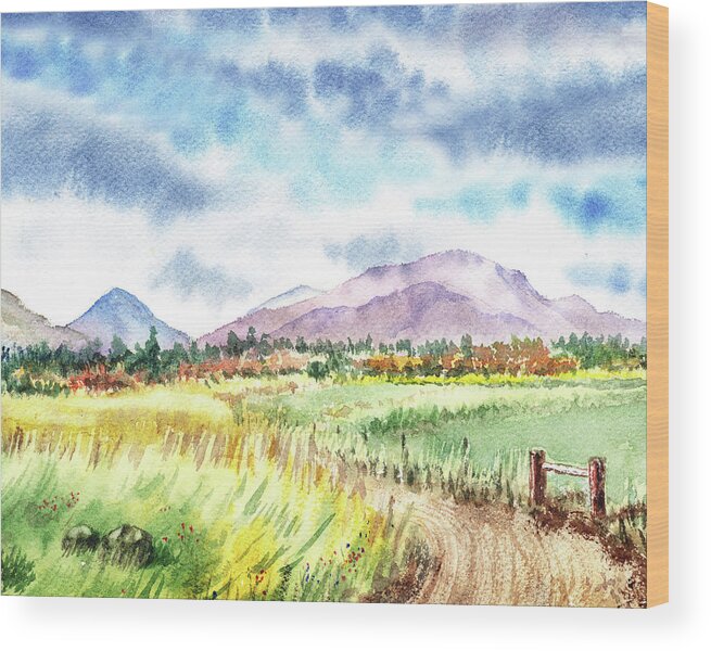 Mountains Wood Print featuring the painting Watercolor Landscape Path To The Mountains by Irina Sztukowski