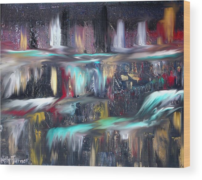 Waterfalls. Cascading Waterfall Wood Print featuring the painting Waterfalls by Kelly M Turner