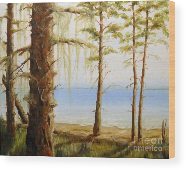 Ocean Water Sea Islands Trees Sky Mist Moss Beach Sand Waves Shadows Light Branches Log Stumps Grass Seascape Landscape Blue Green White Grey Brown Red Yellow Wood Print featuring the painting West Coast View by Ida Eriksen