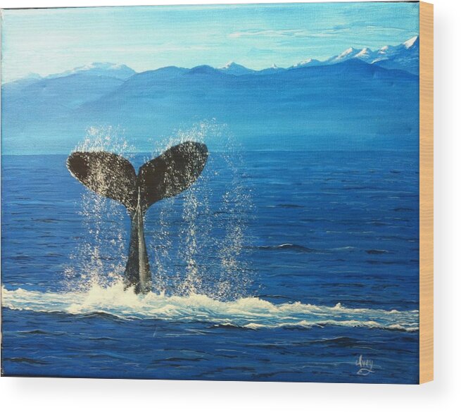 Whale Wood Print featuring the painting Whale of a Tail by Mike Ivey