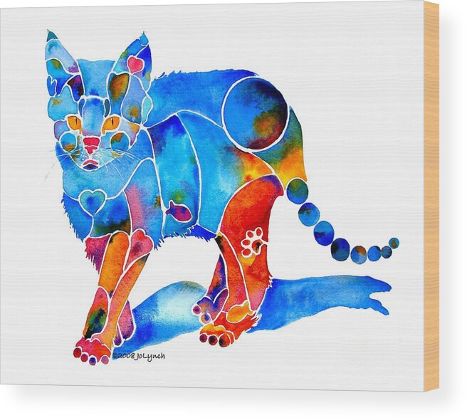 Cat Wood Print featuring the painting Whimzical Katie Kitten by Jo Lynch