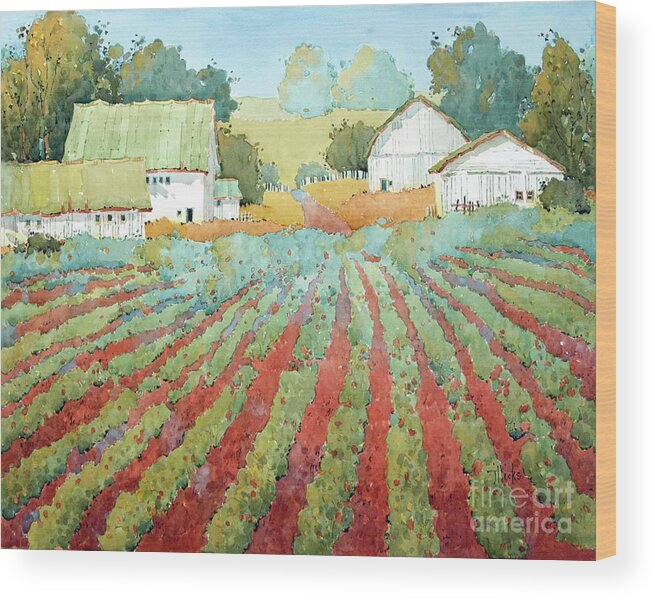 Farm Wood Print featuring the painting White Barns in Virgina by Joyce Hicks