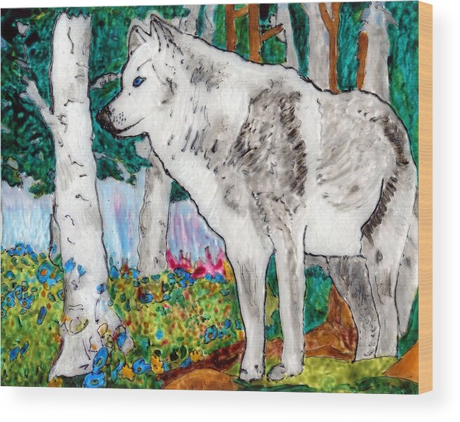 Wolf Wood Print featuring the painting White Wolf in Spring by Phil Strang