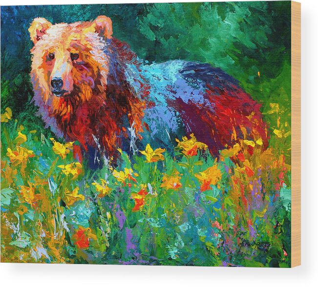 Bear Wood Print featuring the painting Wildflower Grizz II by Marion Rose