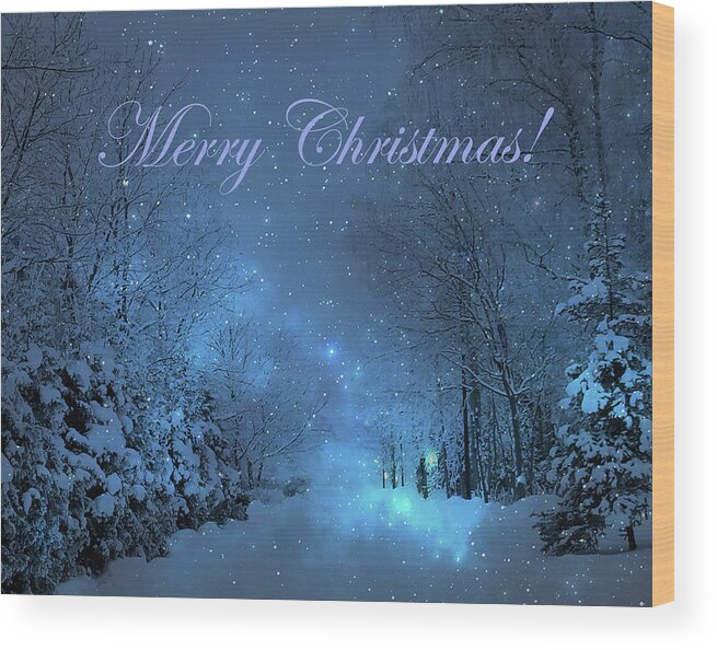Winter Wood Print featuring the mixed media Winter Landscape Blue Christmas Card by Johanna Hurmerinta
