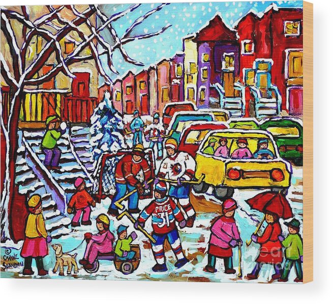 Montreal Wood Print featuring the painting Winter Playground Montreal Hockey Kids Street Hockey Street Scene Painting Carole Spandau by Carole Spandau