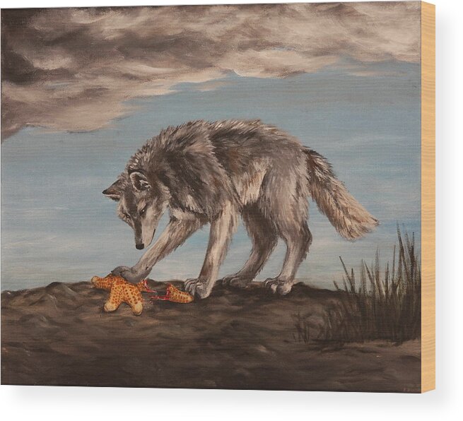 Wolf Wood Print featuring the painting Wolf and Sea Star by Michelle Miron-Rebbe