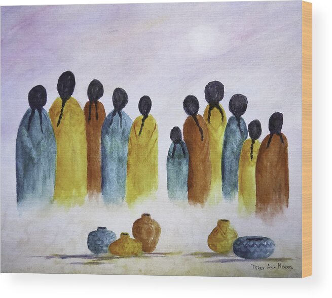 Southwest Wood Print featuring the painting Women Waiting by Terry Ann Morris