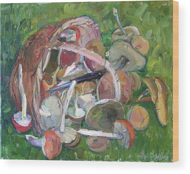 Mushrooms Wood Print featuring the painting Wood gift by Juliya Zhukova