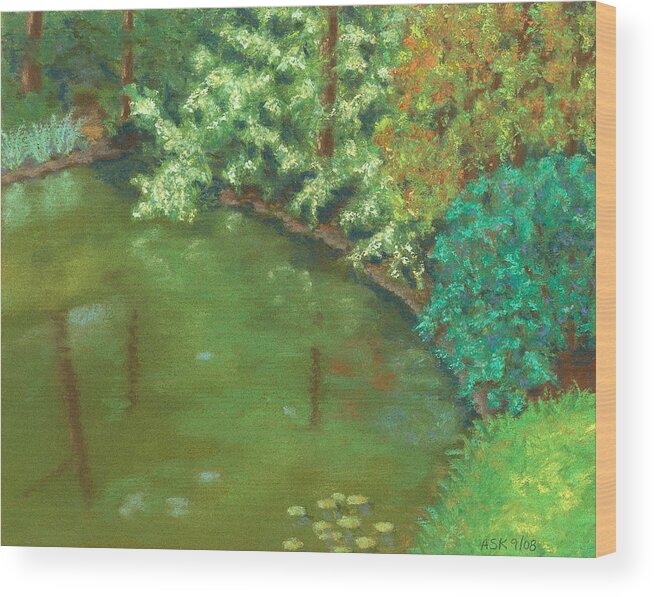 Pond Wood Print featuring the pastel Woodland Pond by Anne Katzeff