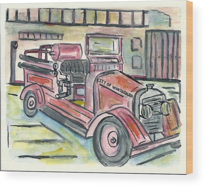 Fire Engine Wood Print featuring the painting Worthington Fire Engine by Matt Gaudian