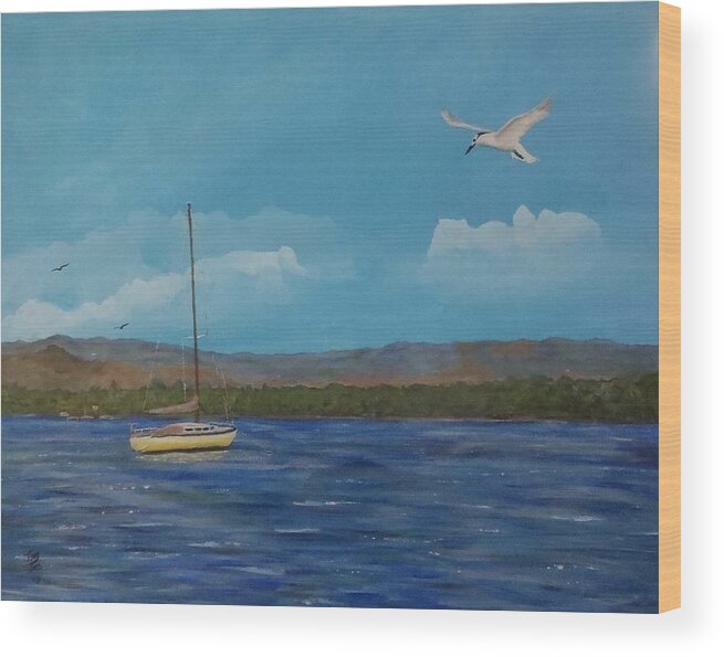 Seascape Wood Print featuring the painting Yellow Sailboat by Tony Rodriguez