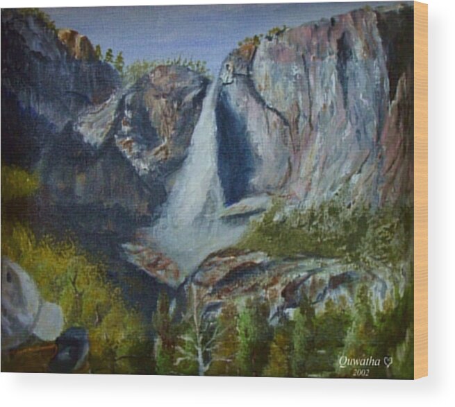 Waterfall Wood Print featuring the painting Yosemite Waterfall by Quwatha Valentine