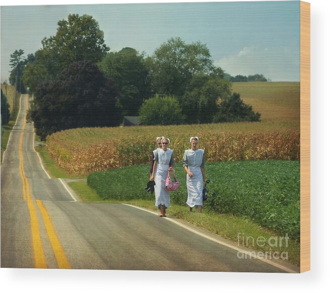 Amish Wood Print featuring the photograph Young Amish Woman Barefoot Stroll by Beth Ferris Sale