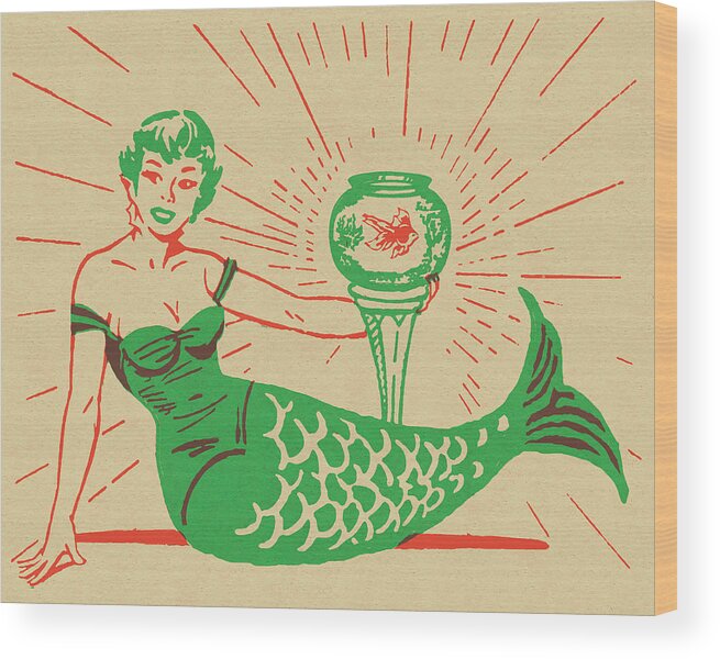 Adult Wood Print featuring the drawing Mermaid and Fishbowl #1 by CSA Images
