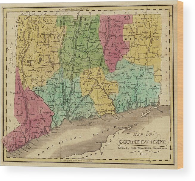 Connecticut Wood Print featuring the digital art 1835 Map of Connecticut and Long Island Sound Historical Map by Toby McGuire