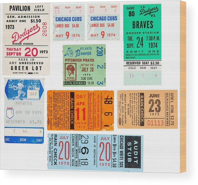Ticket Wood Print featuring the painting 1973 76 Hank Aaron Milestone Tickets Stubs by Celestial Images