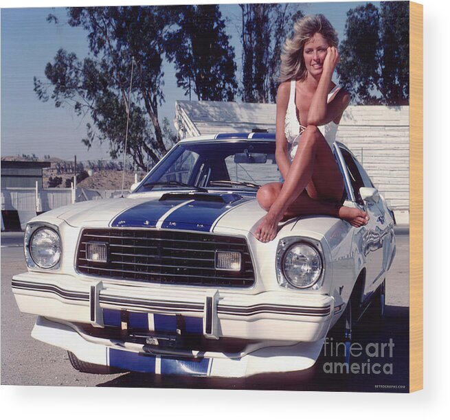 Vintage Wood Print featuring the photograph 1976 Mustang Cobra II And Farrah Fawcett by Retrographs