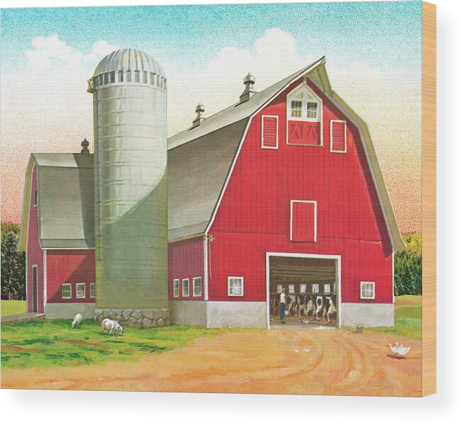 Agriculture Wood Print featuring the drawing Barn and Silo #2 by CSA Images