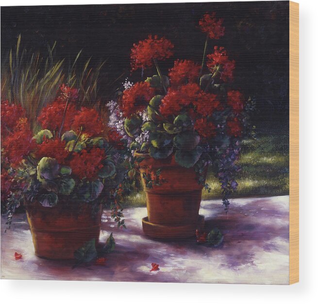 Red Wood Print featuring the painting Red Geranium Pots by Lynne Pittard