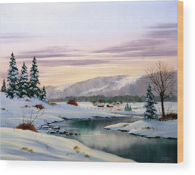 Farm In Distance On Winter River Wood Print featuring the painting 33 by Thomas Linker