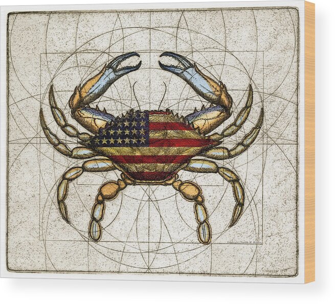 Charles Harden Wood Print featuring the mixed media 4th of July Crab by Charles Harden