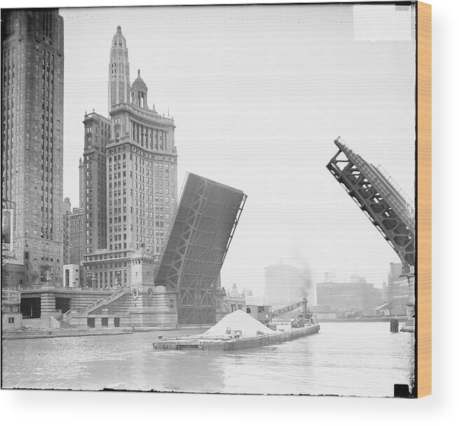 Drawbridge Wood Print featuring the photograph A Barge Travels Under A Drawbridge by Chicago History Museum
