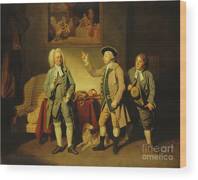 18th Century Wood Print featuring the painting A Scene From 'love In A Village' By Isaac Bickerstaffe, Act 1, Scene 2, With Edward Shuter As Justice Woodcock, John Beard As Hawthorn, And John Dunstall As Hodge by Johann Zoffany
