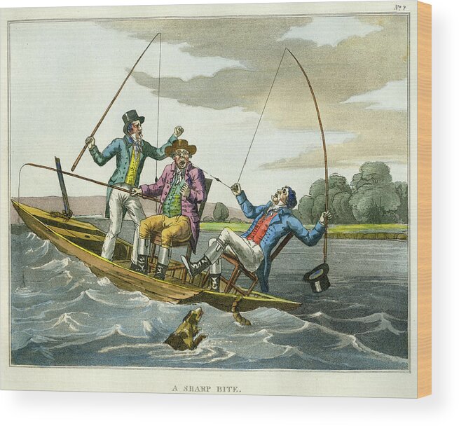 Fishing Wood Print featuring the mixed media A Sharp Bite by unsigned attributed to Edward Barnard